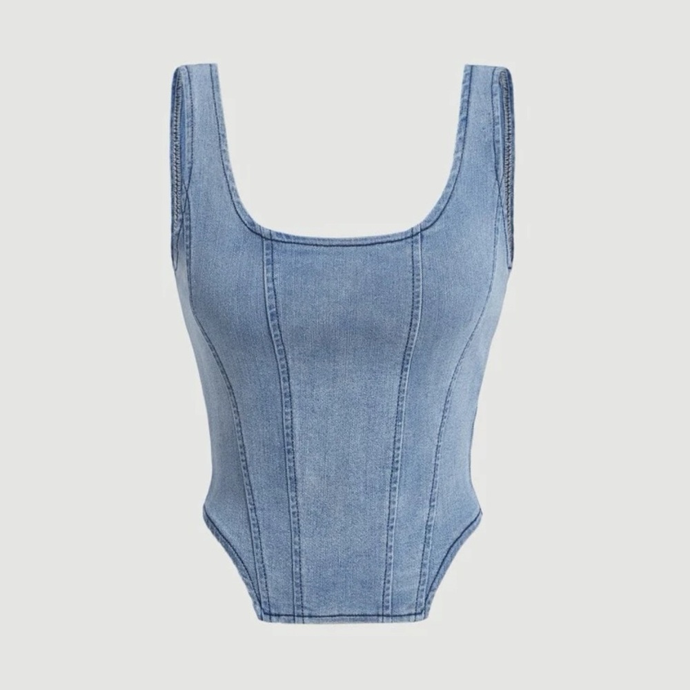 SHEIN MOD Square Neck Hanky Hem Denim Blue Slim Fit Waist Top